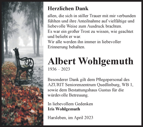 Traueranzeige von Albert Wohlgemuth von Volksstimme Halberstadt