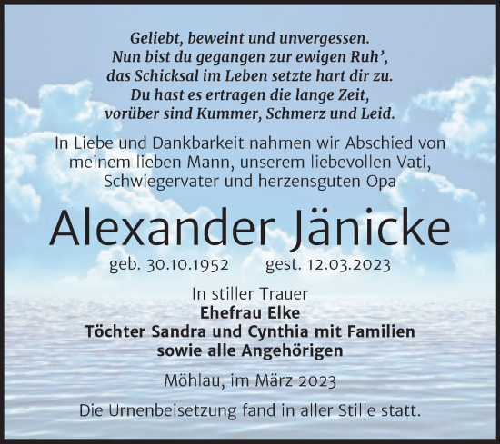 Traueranzeige von Alexander Jänicke von Trauerkombi Wittenberg