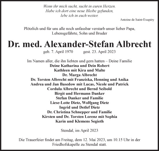 Traueranzeige von Alexander-Stefan Albrecht von Volksstimme Altmark Ost