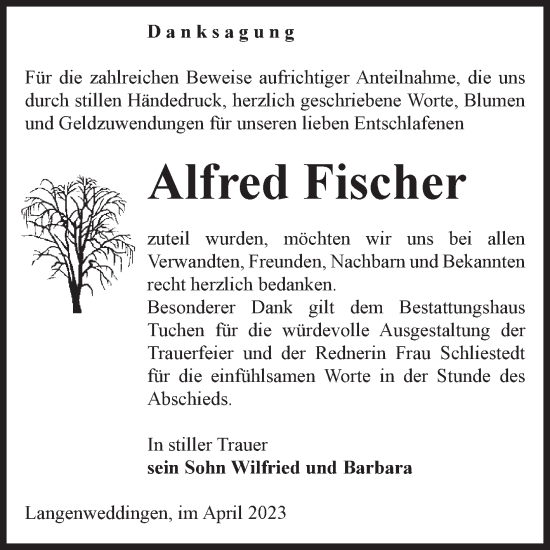 Traueranzeige von Alfred Fischer von Volksstimme Oschersleben/Wanzleben