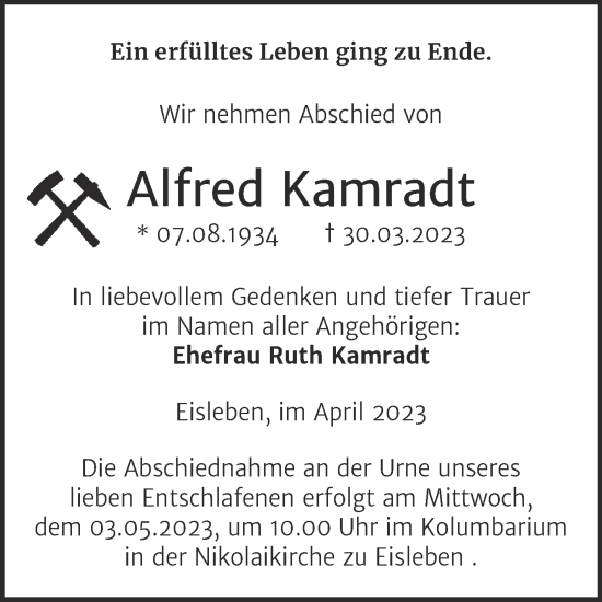 Traueranzeige von Alfred Kamradt von Trauerkombi Mansfelder Land