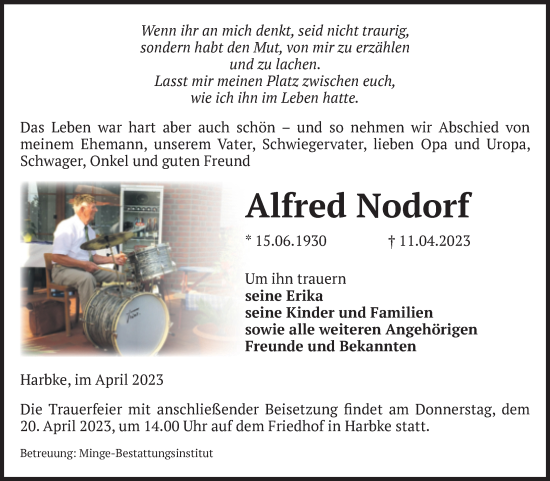 Traueranzeige von Alfred Nodorf von Volksstimme Oschersleben/Wanzleben