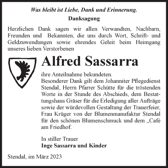 Traueranzeige von Alfred Sassarra von Volksstimme Altmark Ost