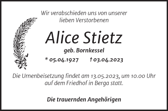 Traueranzeige von Alice Stietz von Trauerkombi Sangerhausen