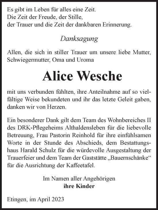 Traueranzeige von Alice Wesche von Volksstimme Haldensleben/Wolmirstedt