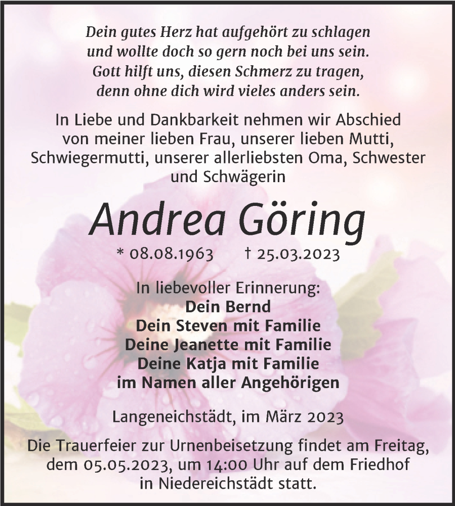  Traueranzeige für Andrea Göring vom 18.04.2023 aus Trauerkombi Merseburg