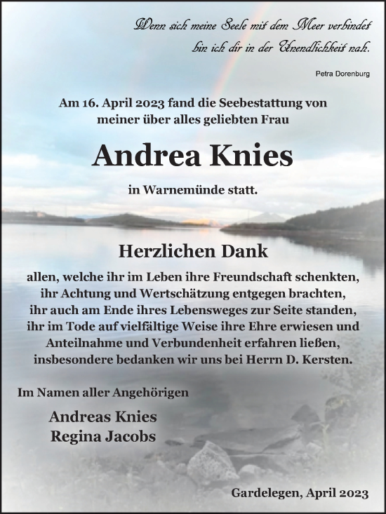 Traueranzeige von Andrea Knies von Volksstimme Altmark West