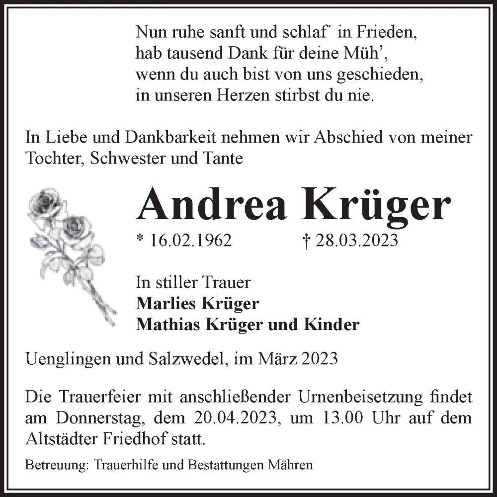  Traueranzeige für Andrea Krüger vom 01.04.2023 aus Volksstimme Altmark West