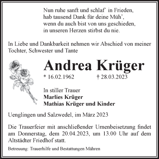 Traueranzeige von Andrea Krüger von Volksstimme Altmark West