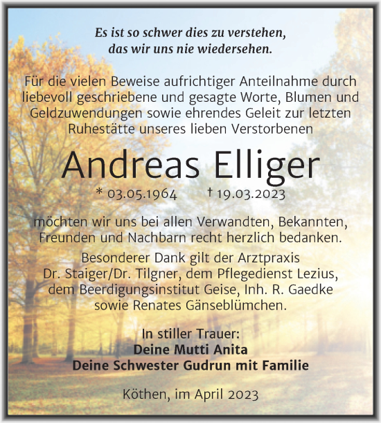 Traueranzeige von Andreas Elliger von Trauerkombi Köthen