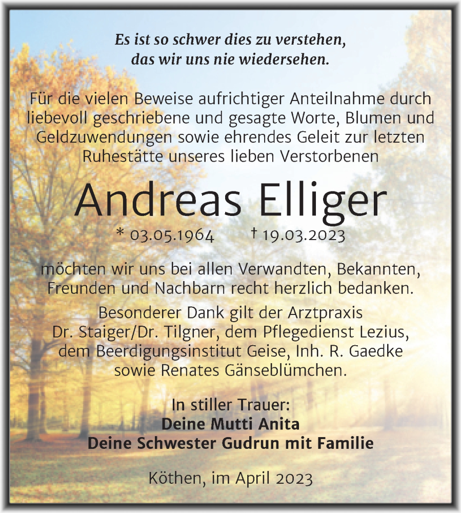  Traueranzeige für Andreas Elliger vom 15.04.2023 aus Trauerkombi Köthen