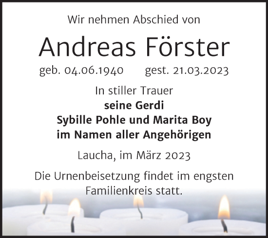 Traueranzeige von Andreas Förster von Wochenspiegel Naumburg/Nebra