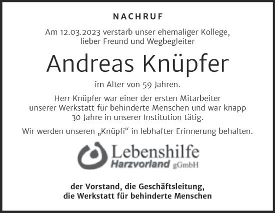 Traueranzeige von Andreas Knüpfer von Super Sonntag Aschersleben