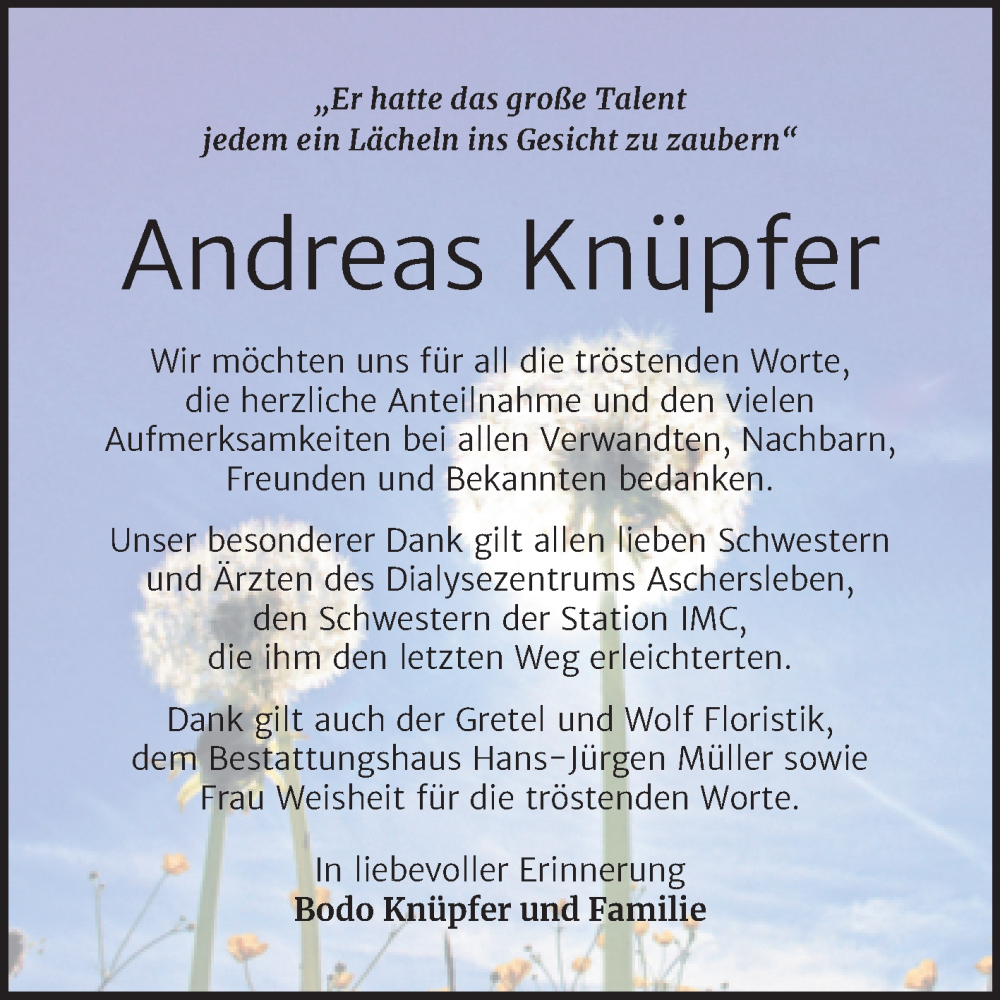  Traueranzeige für Andreas Knüpfer vom 08.04.2023 aus Trauerkombi Aschersleben