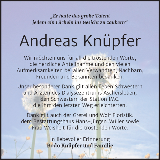 Traueranzeige von Andreas Knüpfer von Trauerkombi Aschersleben
