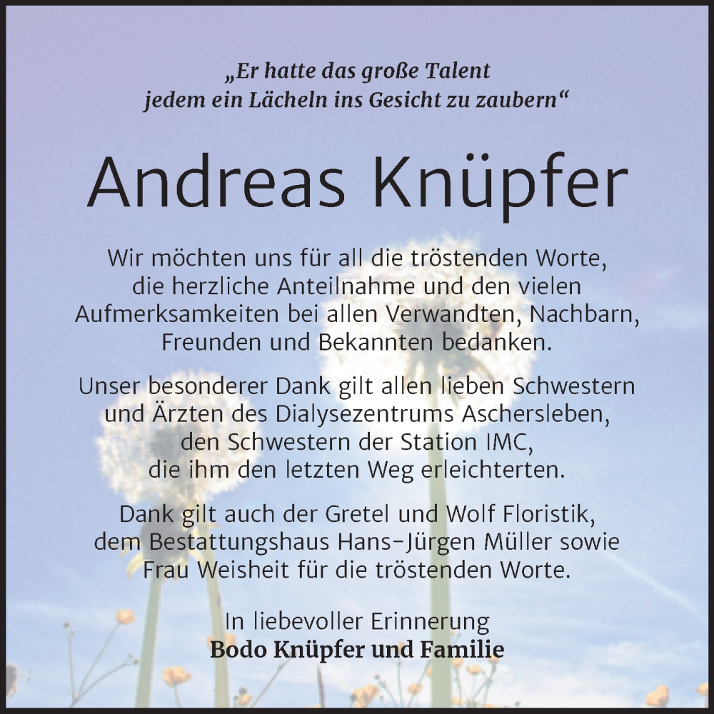  Traueranzeige für Andreas Knüpfer vom 06.04.2023 aus Trauerkombi Aschersleben
