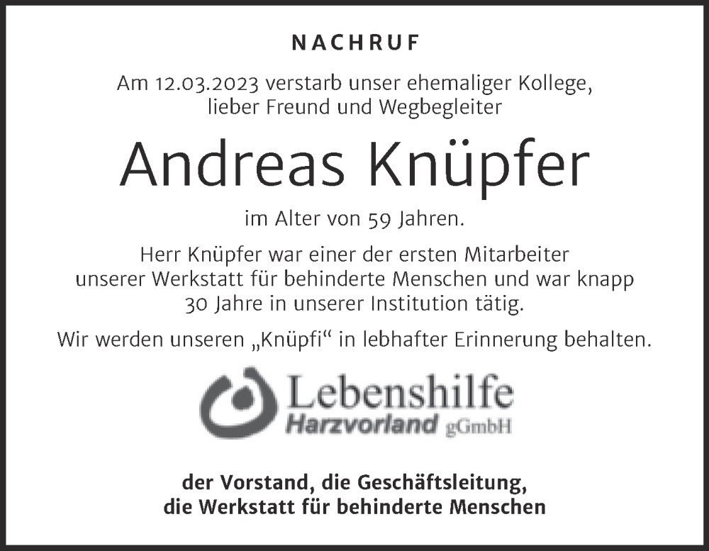  Traueranzeige für Andreas Knüpfer vom 08.04.2023 aus Super Sonntag Aschersleben