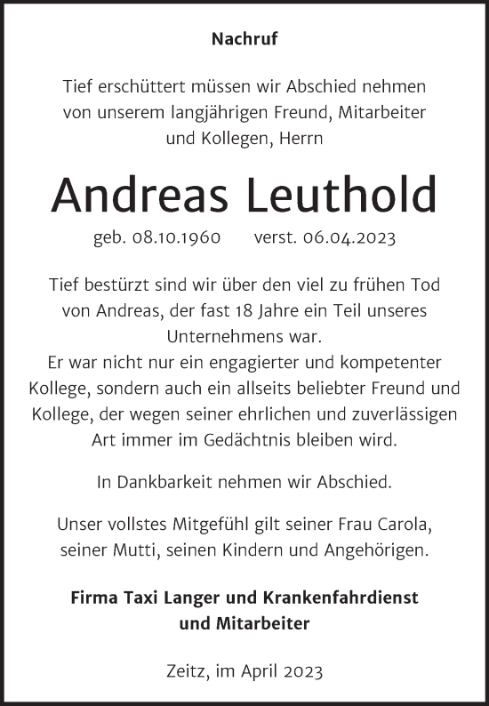 Traueranzeige von Andreas Leuthold von Super Sonntag Zeitz