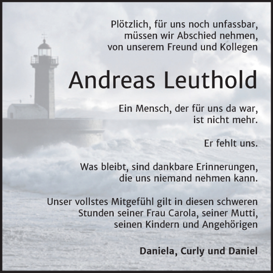 Traueranzeige von Andreas Leuthold von Trauerkombi Zeitz