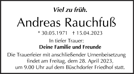 Traueranzeige von Andreas Rauchfuß von Mitteldeutsche Zeitung Halle/Saalkreis