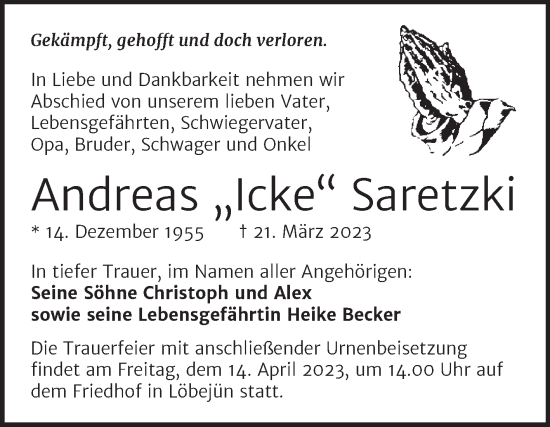 Traueranzeige von Andreas Saretzki von Mitteldeutsche Zeitung Halle/Saalkreis
