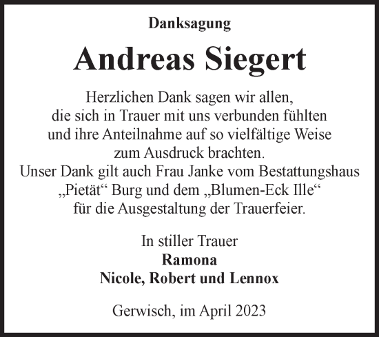 Traueranzeige von Andreas Siegert von Volksstimme Burg/Genthin