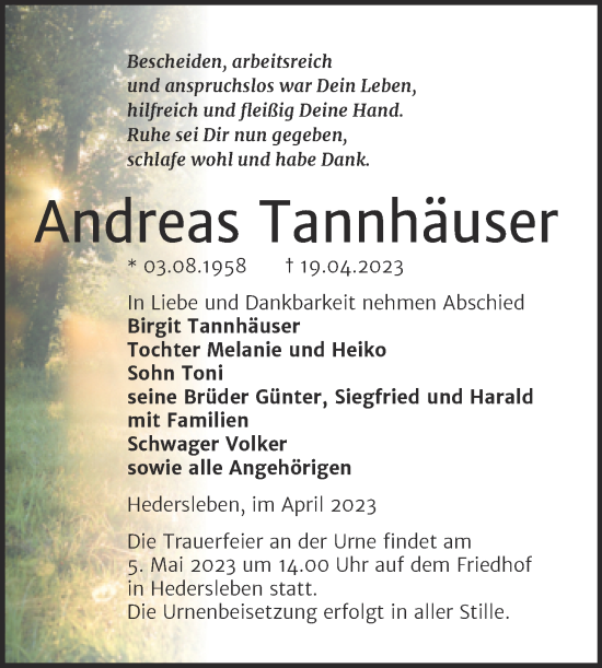 Traueranzeige von Andreas Tannhäuser von Trauerkombi Quedlinburg