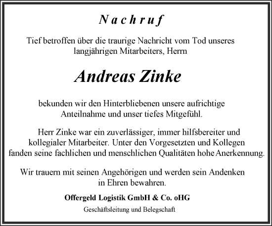 Traueranzeige von Andreas Zinke von Mitteldeutsche Zeitung Zeitz