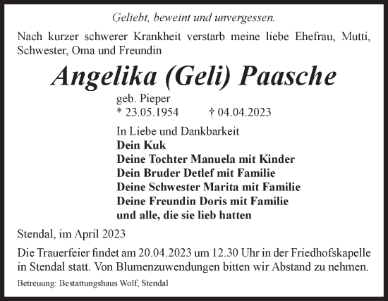 Traueranzeige von Angelika Paasche von Volksstimme Altmark Ost