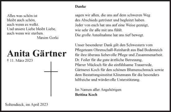 Traueranzeigen von Anita Gärtner www.abschiednehmen.de