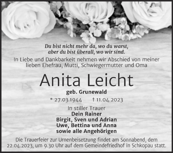 Traueranzeige von Anita Leicht von Trauerkombi Merseburg