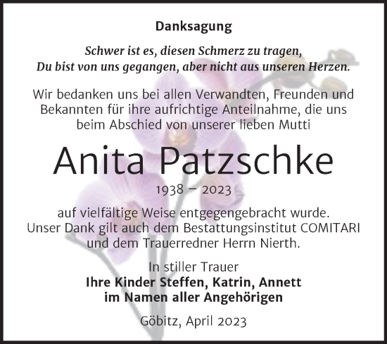 Traueranzeige von Anita Patzschke von Trauerkombi Zeitz