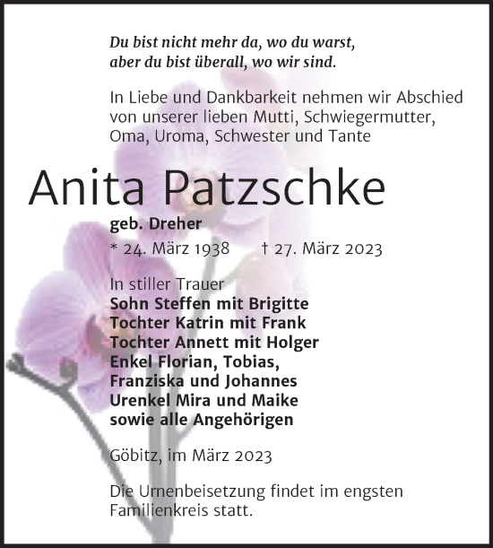 Traueranzeige von Anita Patzschke von Trauerkombi Zeitz
