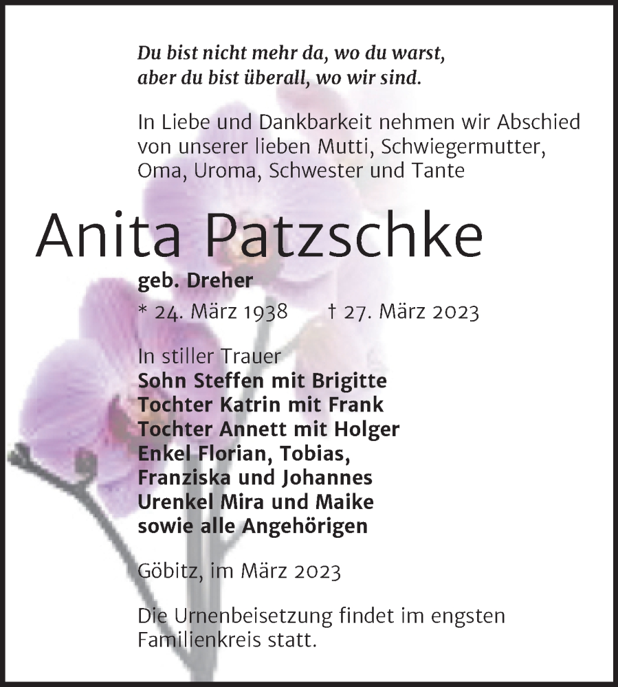  Traueranzeige für Anita Patzschke vom 01.04.2023 aus Trauerkombi Zeitz