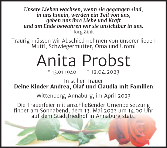 Traueranzeige von Anita Probst von Trauerkombi Wittenberg