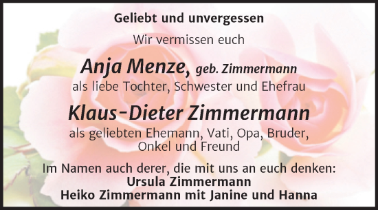 Traueranzeige von Anja und Klaus-Dieter Menze, Zimmermann von Trauerkombi Dessau