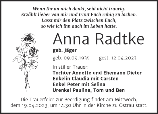 Traueranzeige von Anna Radtke von Mitteldeutsche Zeitung Halle/Saalkreis