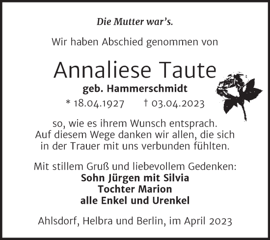 Traueranzeige von Annaliese Taute von Trauerkombi Mansfelder Land