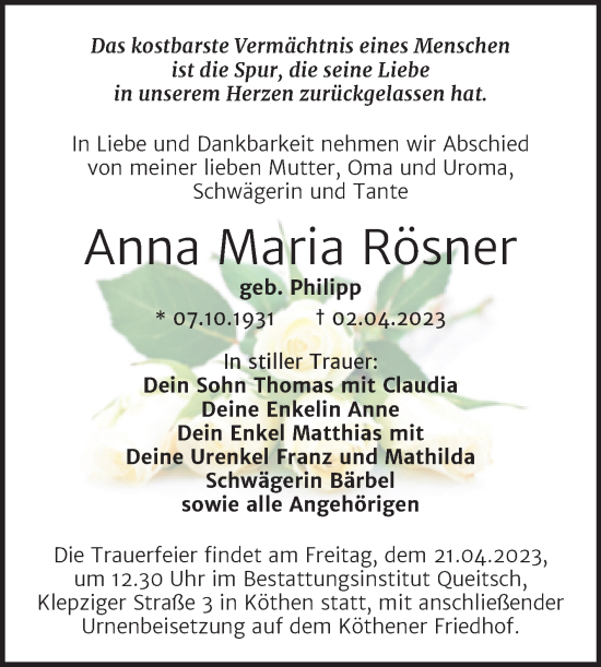 Traueranzeige von Anna Maria Rösner von Trauerkombi Köthen