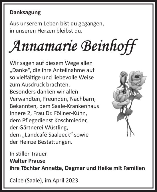 Traueranzeige von Annamarie Beinhoff von Volksstimme Schönebeck