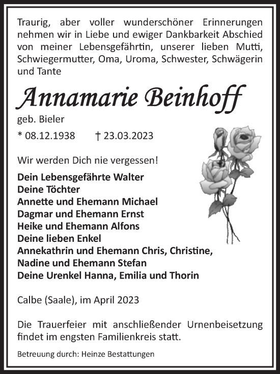 Traueranzeige von Annamarie Beinhoff von Volksstimme Schönebeck