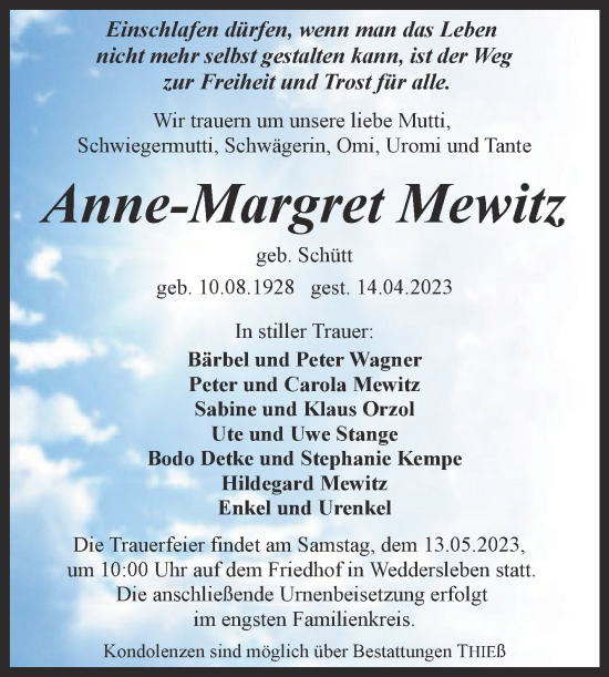 Traueranzeige von Anne-Margret Mewitz von Trauerkombi Quedlinburg