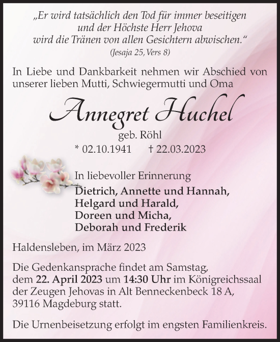 Traueranzeige von Annegret Huchel von Volksstimme Haldensleben/Wolmirstedt