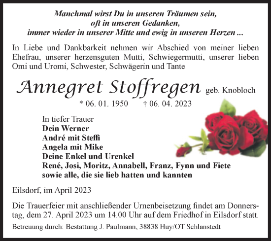 Traueranzeige von Annegret Stoffregen von Volksstimme Halberstadt