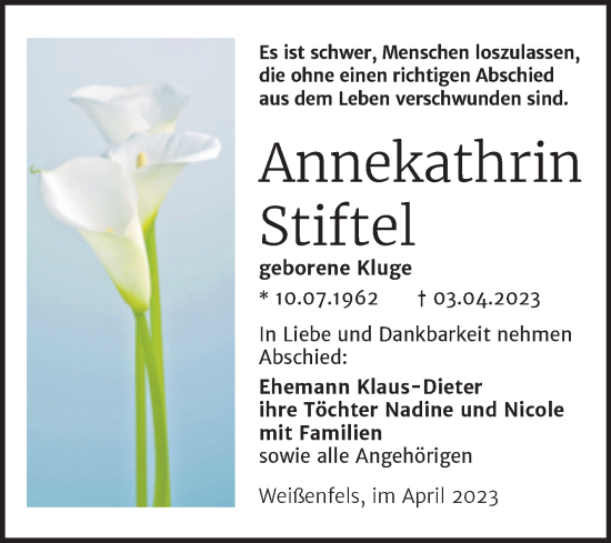 Traueranzeige von Annekathrin Stiftel von Trauerkombi Weißenfels