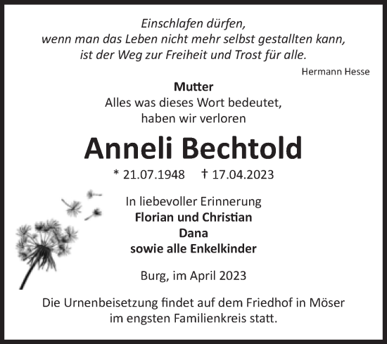 Traueranzeige von Anneli Bechtold von Volksstimme Burg/Genthin