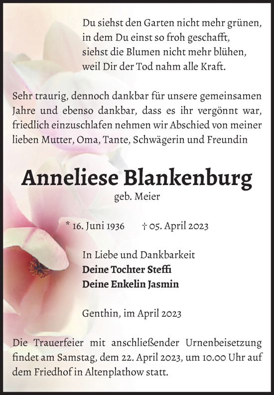 Traueranzeige von Anneliese Blankenburg von Volksstimme Burg/Genthin
