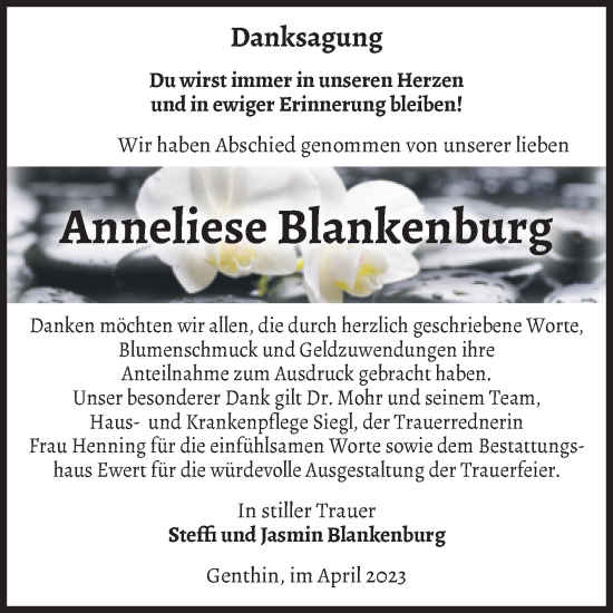 Traueranzeige von Anneliese Blankenburg von Volksstimme Burg/Genthin