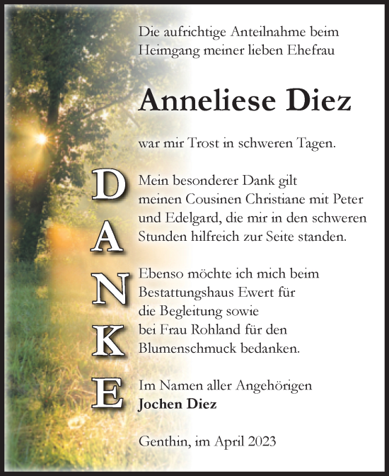 Traueranzeige von Anneliese Diez von Volksstimme Burg/Genthin