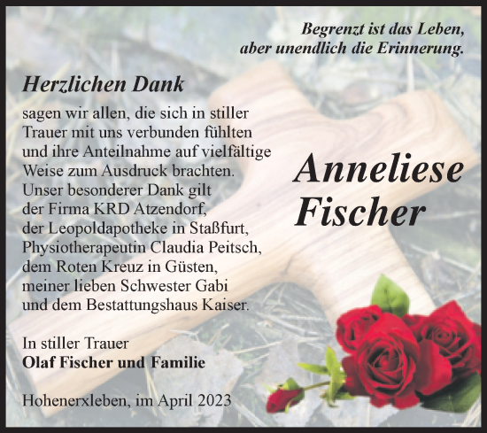 Traueranzeige von Anneliese Fischer von Volksstimme Staßfurt